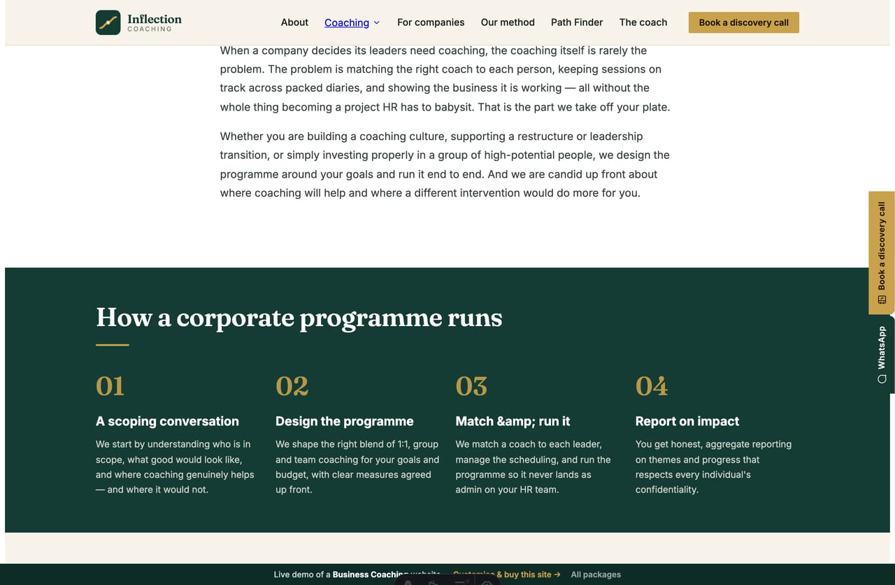 For-companies page with a managed corporate coaching programme on a Singapore coaching website
