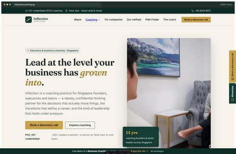 Inflection Coaching business-coaching website homepage demo — transformation hero and book-a-discovery-call CTA (Singapore)