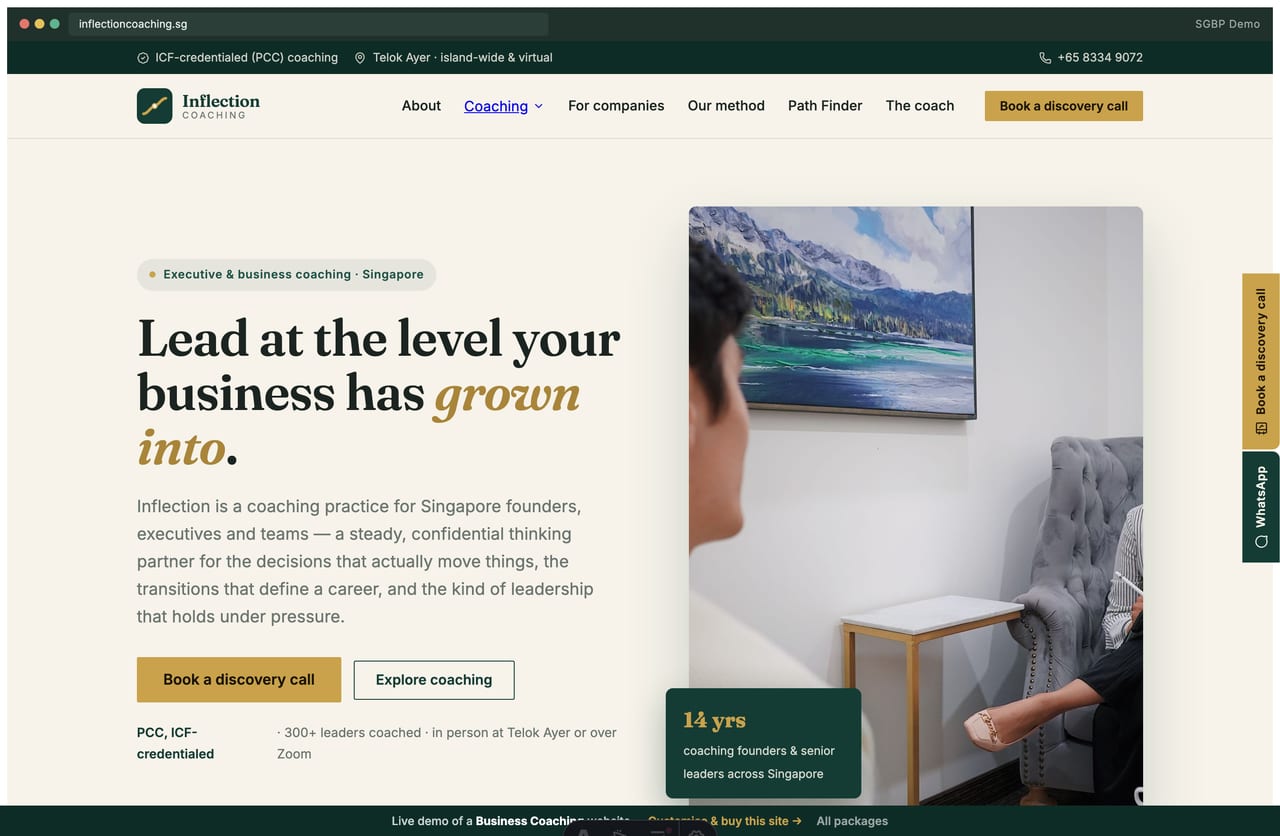 Inflection Coaching business-coaching website homepage demo — transformation hero and book-a-discovery-call CTA (Singapore)