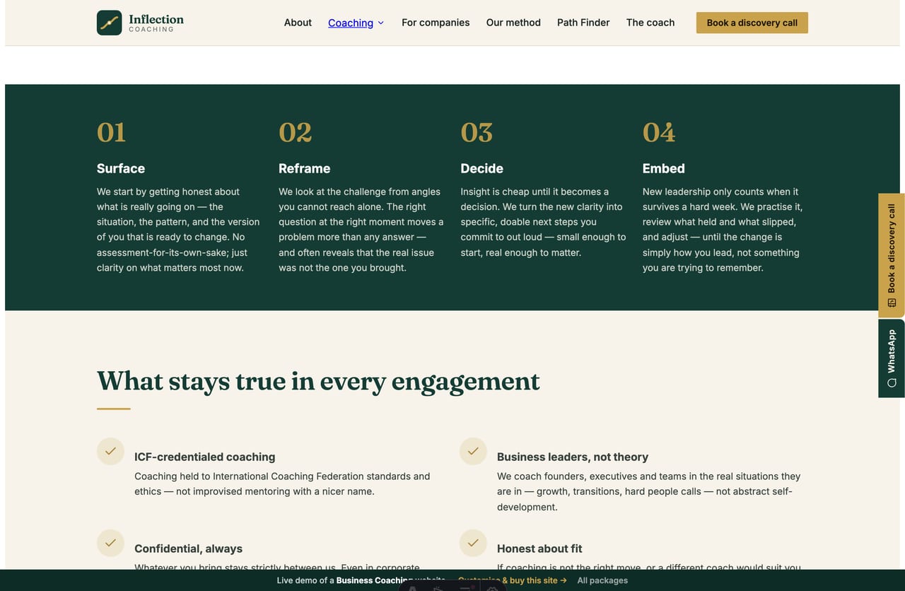Numbered coaching method framework on an executive-coaching website