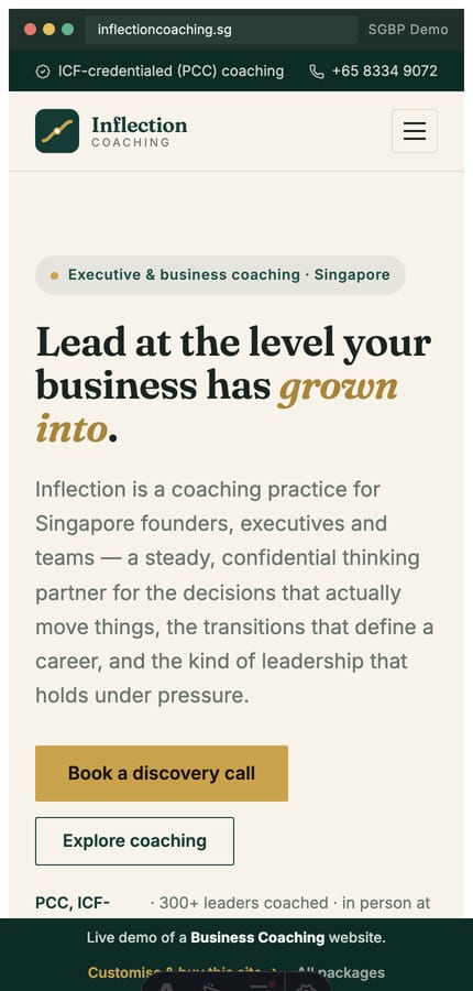 Mobile view of the Inflection Coaching business-coaching website