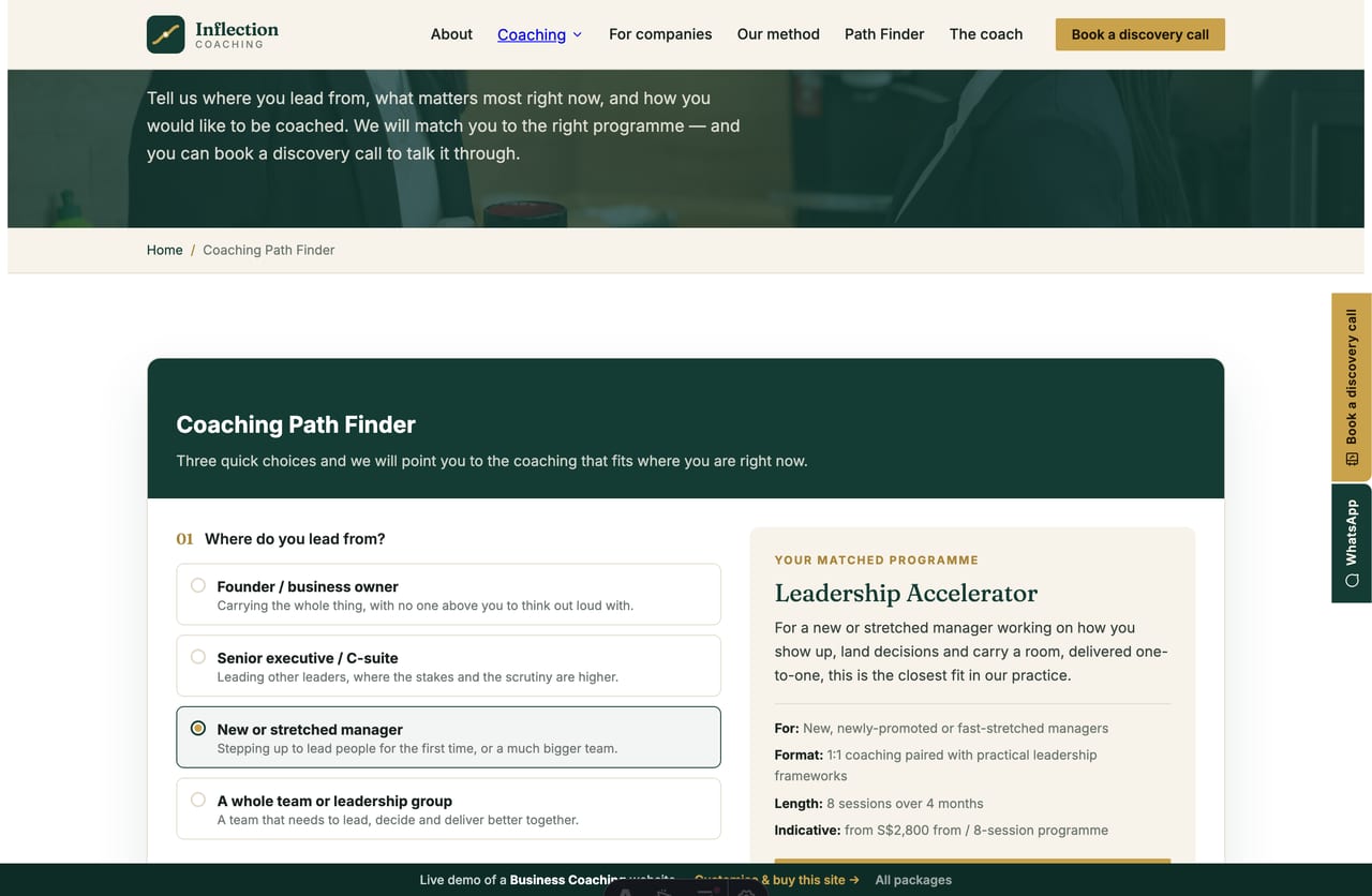 Coaching Path Finder interactive tool with a live matched programme on a coaching website