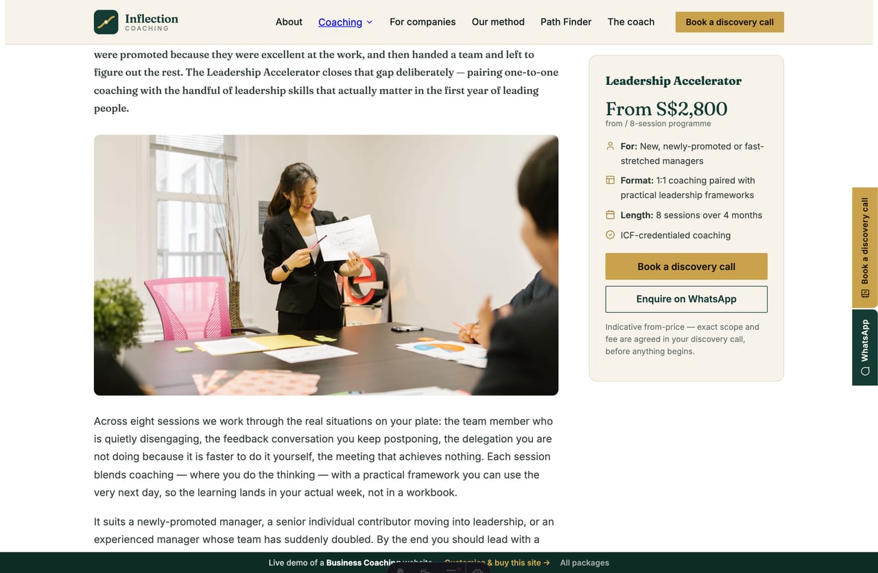 Coaching programme detail page with outcomes, format and indicative price on a business-coaching website