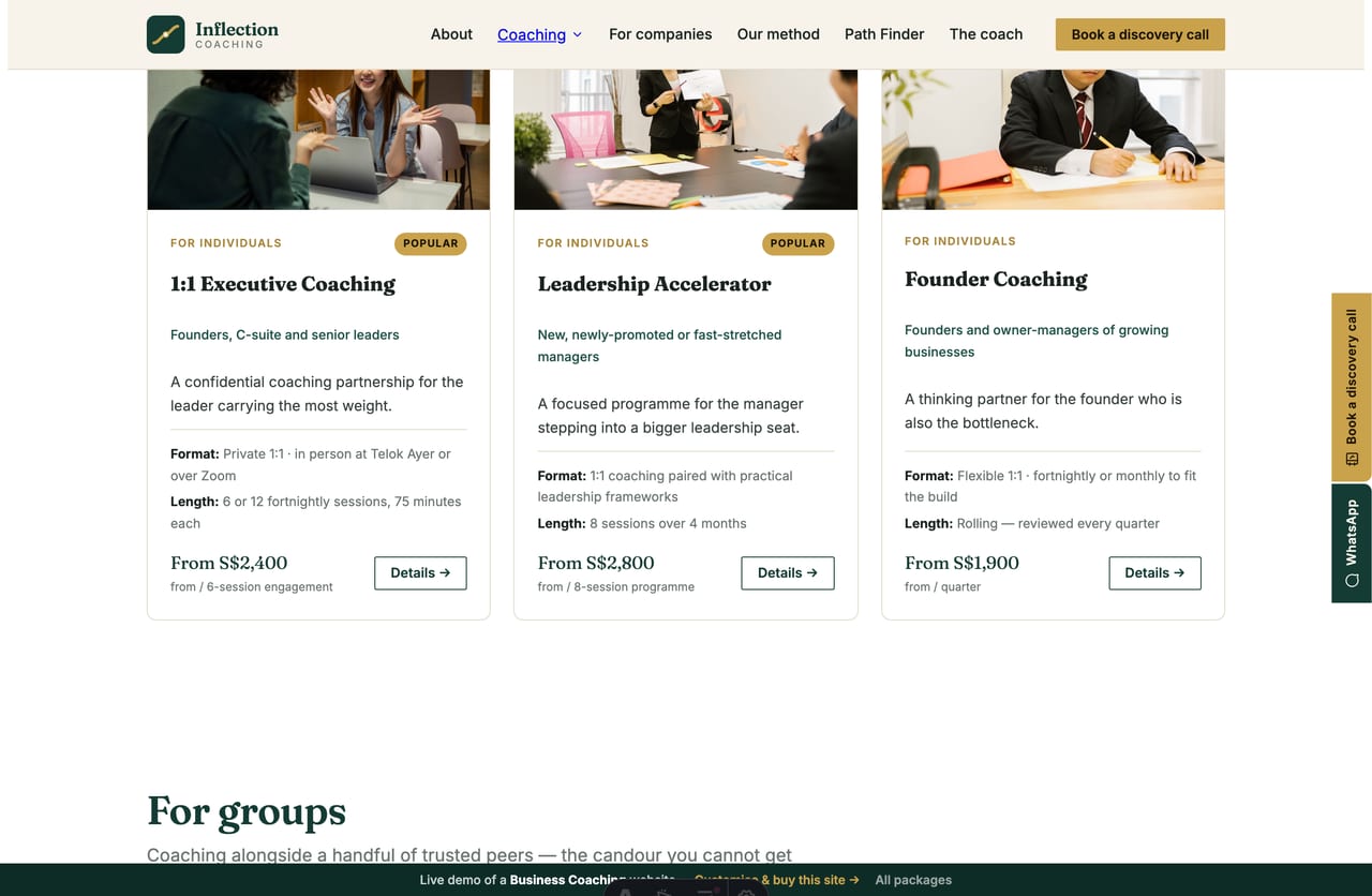 Coaching programme cards on a business-coaching website in Singapore