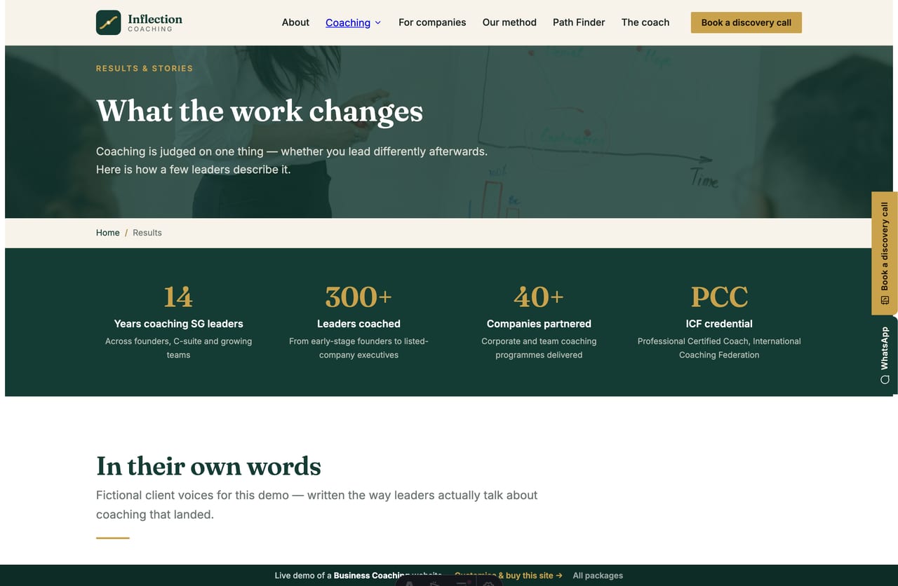 Client results and testimonials on an executive-coaching website in Singapore