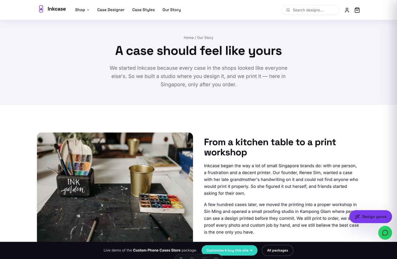 About / brand story page on the Inkcase Singapore custom phone case store