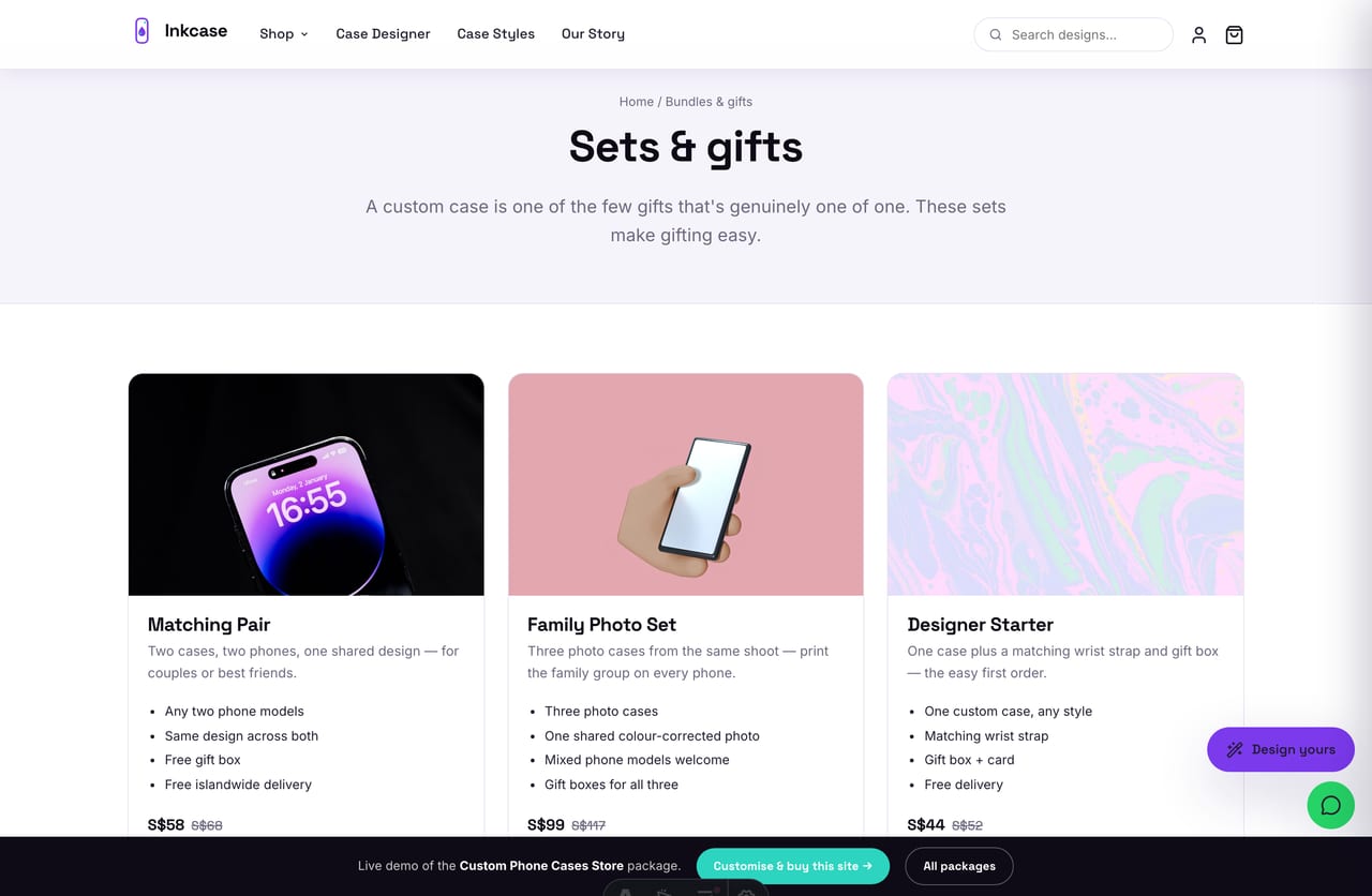 Bundles and gift sets page on the Inkcase Singapore custom phone case store