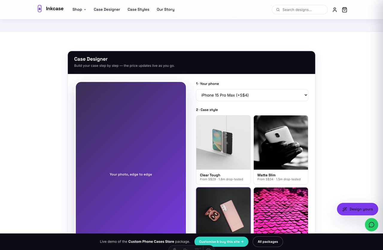 Live case preview and computed price in the Inkcase Case Designer with add-to-cart
