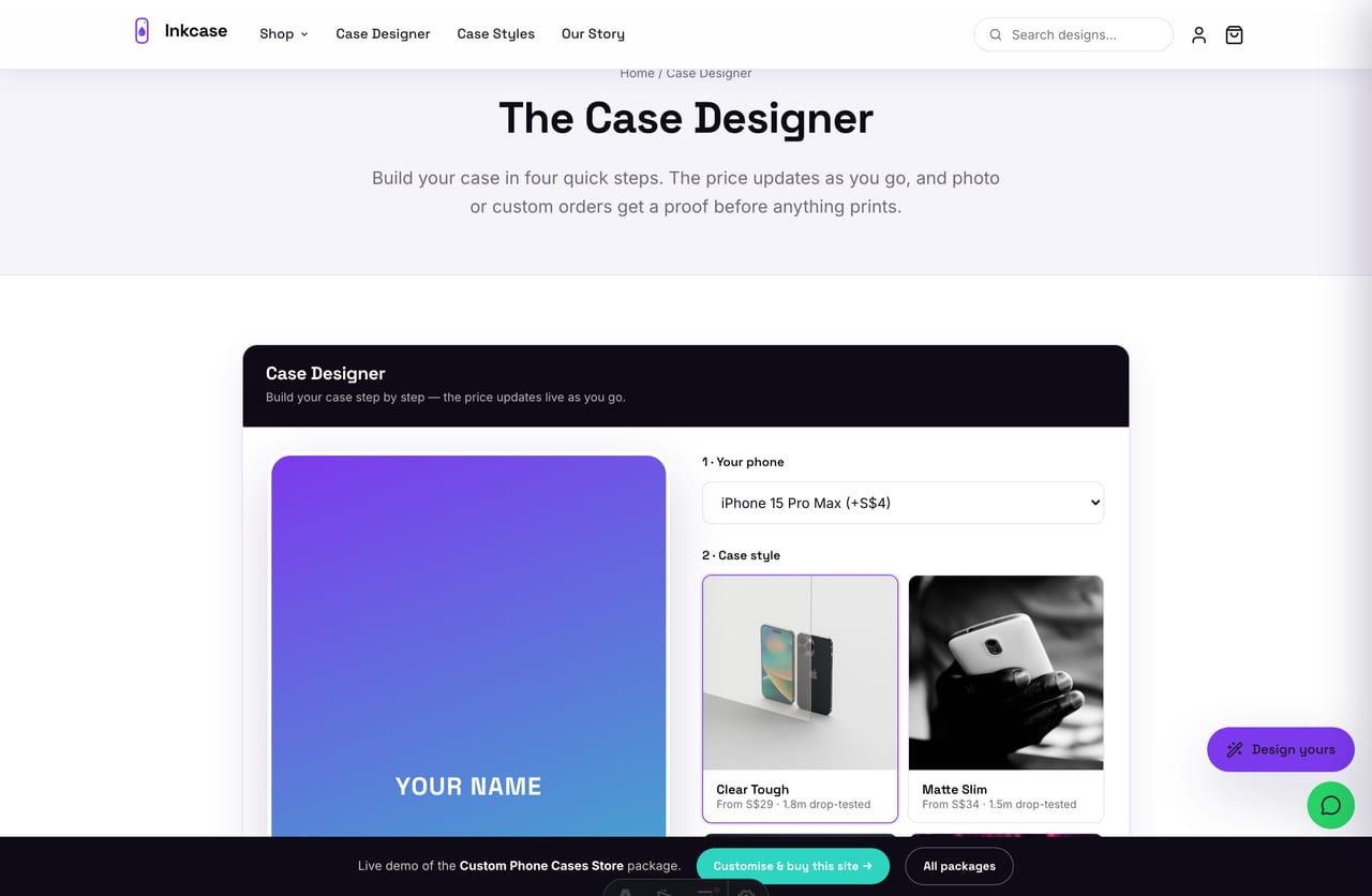 Case Designer configurator on the Inkcase Singapore custom phone case store — model, style, design and live price