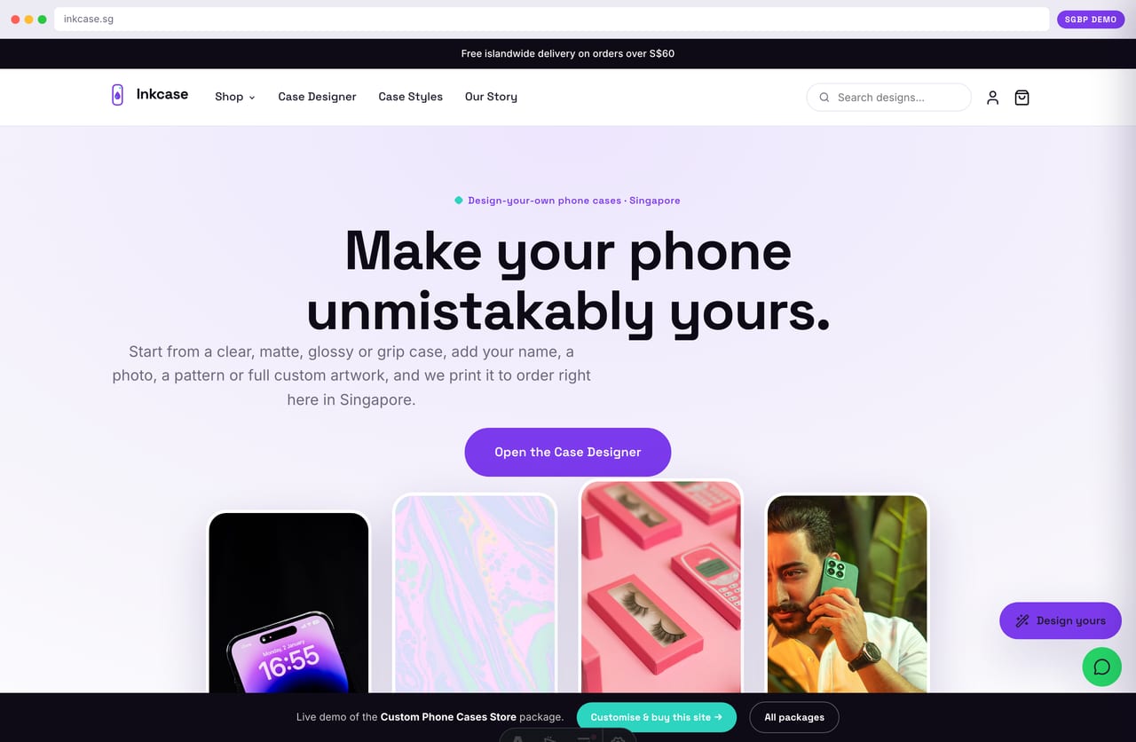 Inkcase custom phone case store homepage demo — design-your-own hero, announcement bar and case lineup (Singapore)
