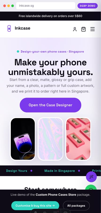 Inkcase custom phone case store shown on a mobile phone — responsive design
