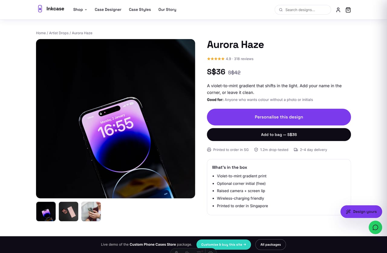 Product page with gallery, price, stacked CTAs and tabbed info on the Inkcase custom phone case store