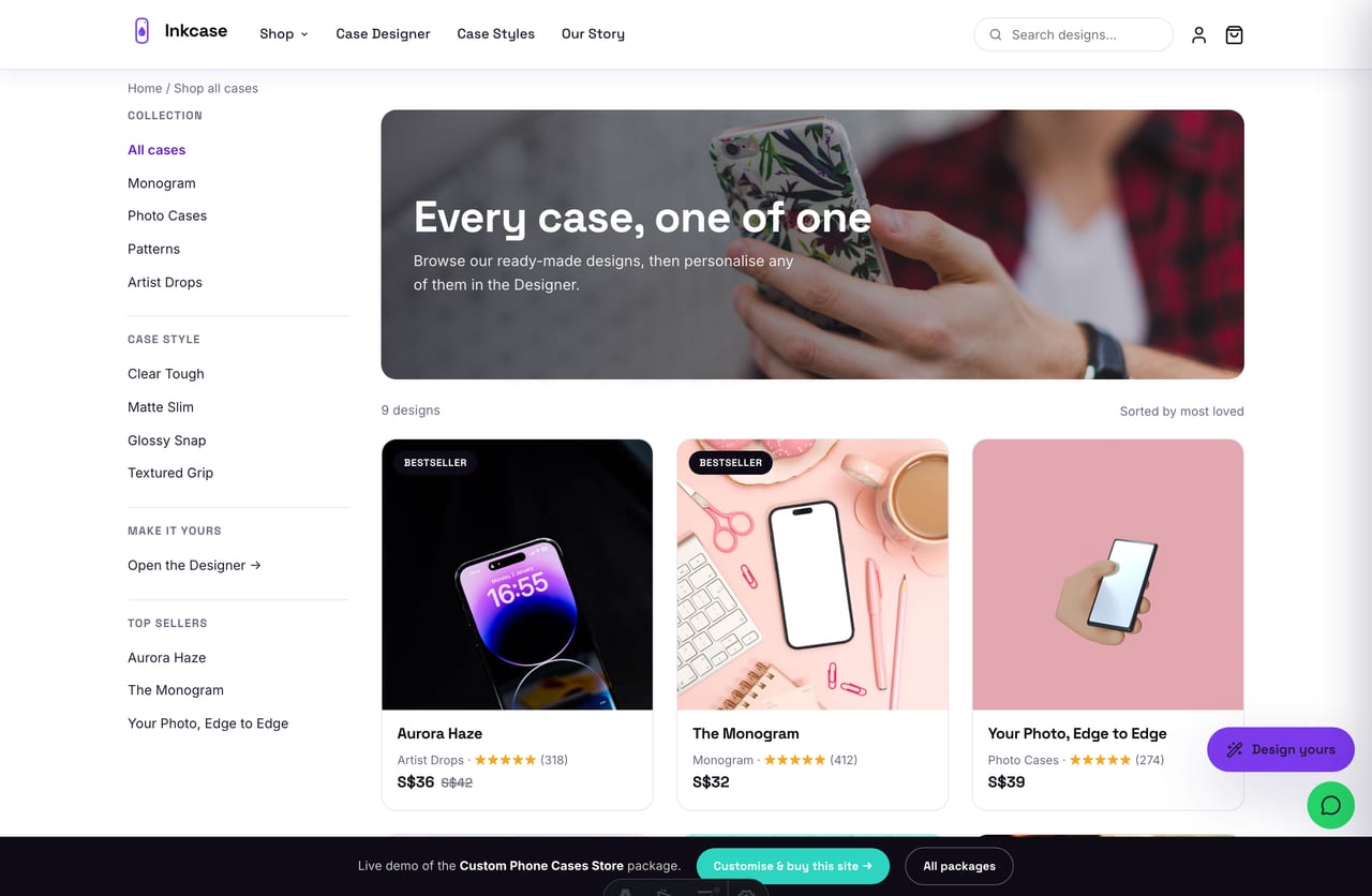 Shop-all page with left filter rail and SGD pricing on the Inkcase Singapore custom phone case store