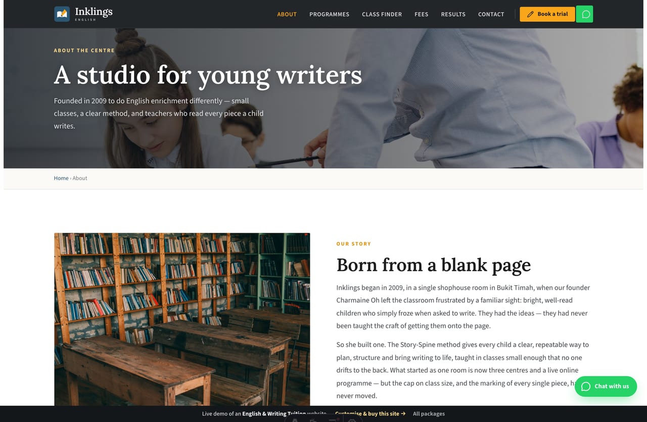 The About page for a Singapore English-enrichment centre — the founder story, the method, the teachers and trust stats