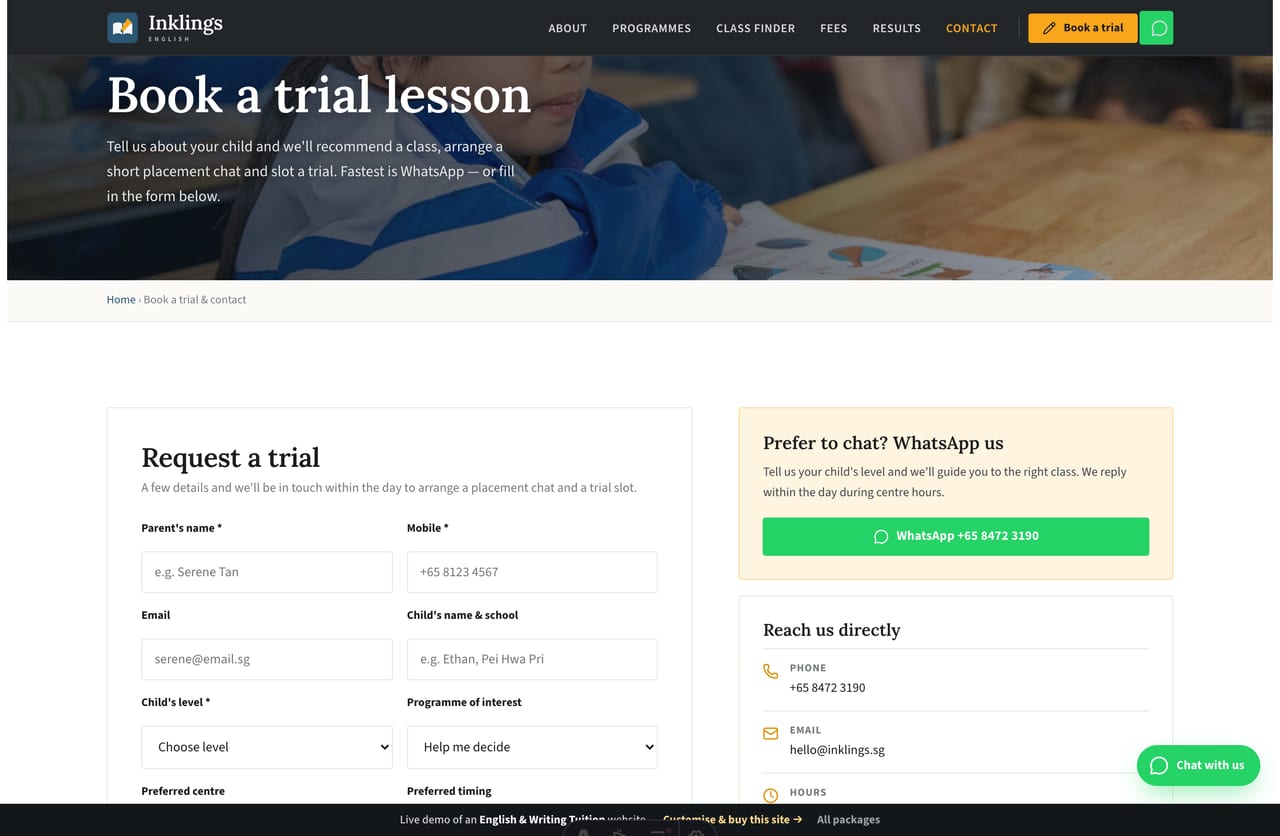 Book-a-trial & contact page on the Inklings demo — a PDPA-aware trial-booking form with level and programme selection, no cart
