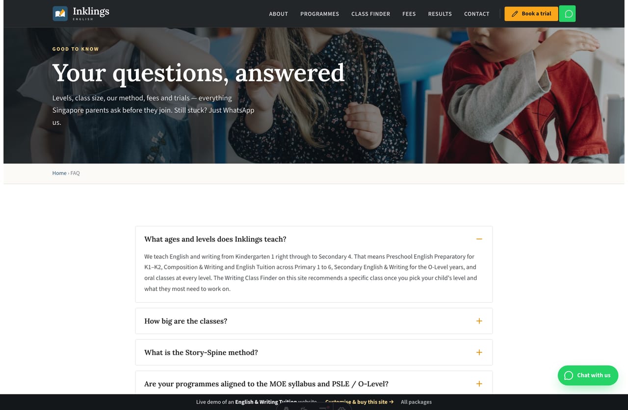 FAQ page on the Inklings demo — an accordion of common questions about levels, class size, the method, fees and trials