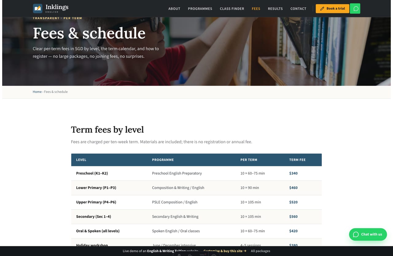 Fees & schedule page on the Inklings demo — a transparent per-term fee table by level and the term calendar