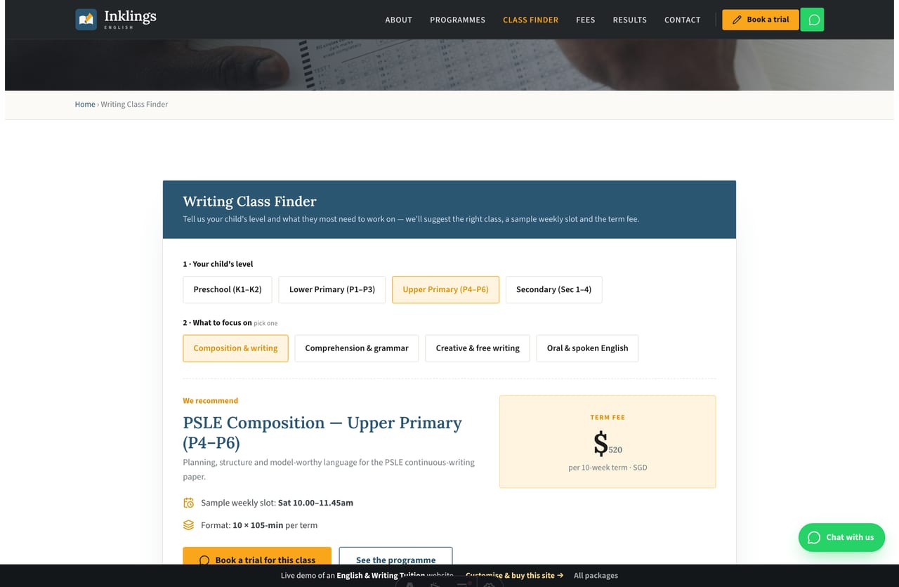 Writing Class Finder result on a Singapore tuition site — a recommended class, a sample weekly slot, the per-term fee and a book-a-trial CTA