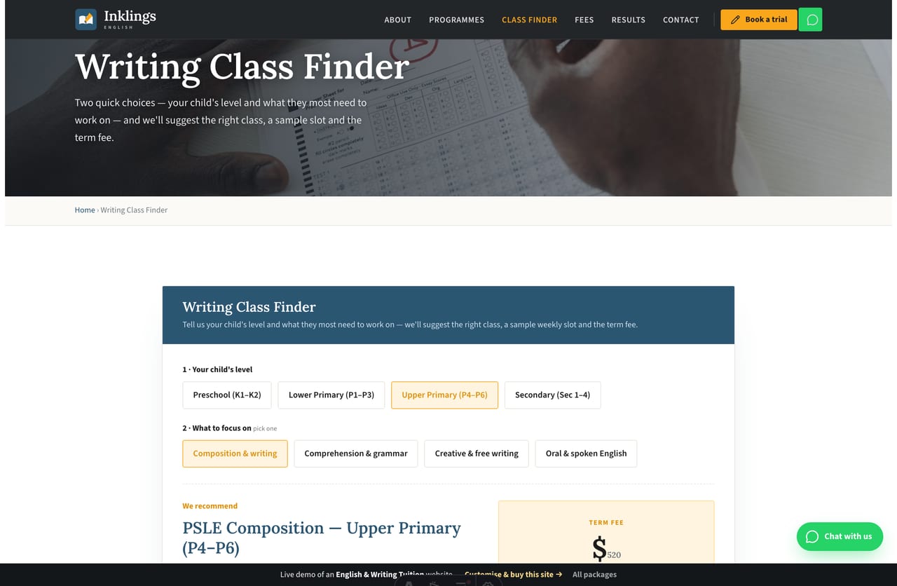 The interactive Writing Class Finder on the Inklings demo — pick a child level and a focus for a recommended class, slot and term fee