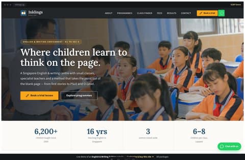Inklings English enrichment website homepage demo — a full-bleed classroom hero, a count-up stats band and a programme-card grid in warm amber and teal