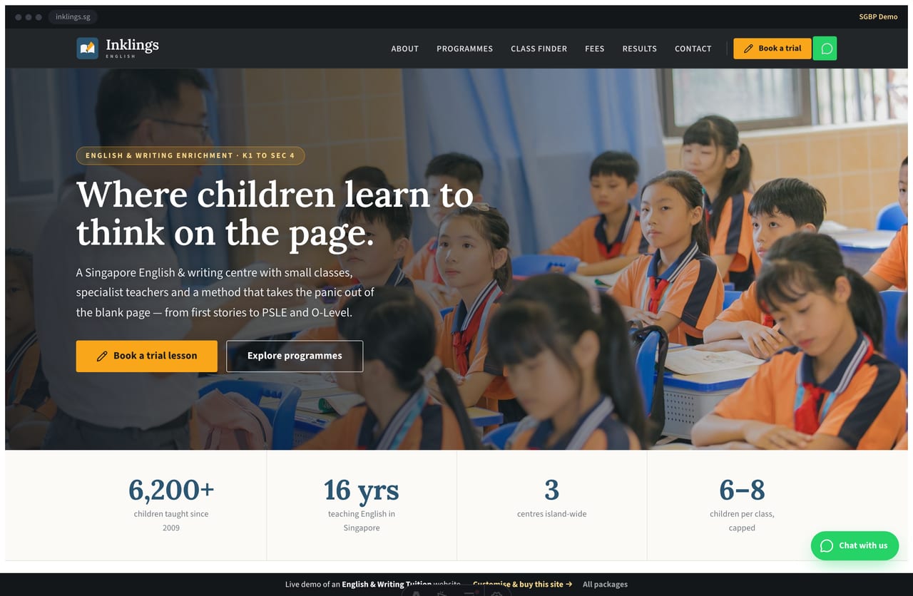 Inklings English enrichment website homepage demo — a full-bleed classroom hero, a count-up stats band and a programme-card grid in warm amber and teal