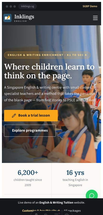 The Inklings English enrichment website on mobile — full-bleed hero and a sticky book-a-trial CTA at 430px