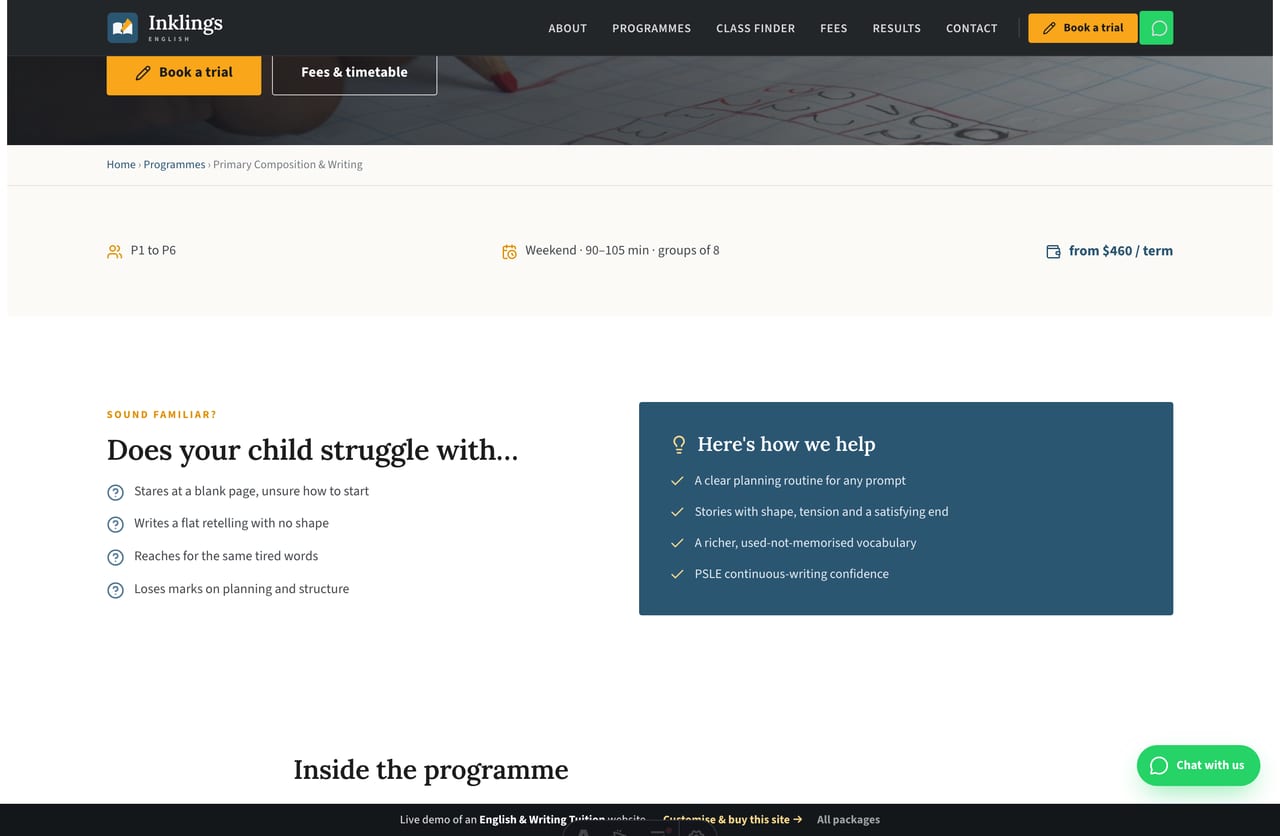 A programme detail page on the Inklings demo — a dark photo banner, a "does your child struggle" checklist, key learning components and an academic-milestones timeline