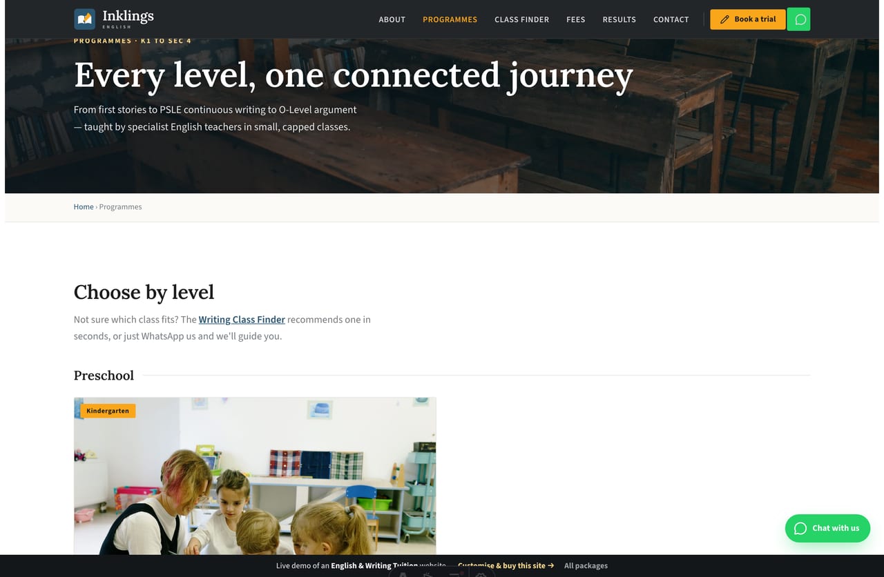 Programmes listing page on the Inklings demo — preschool, primary composition, primary English, secondary and online classes grouped by level