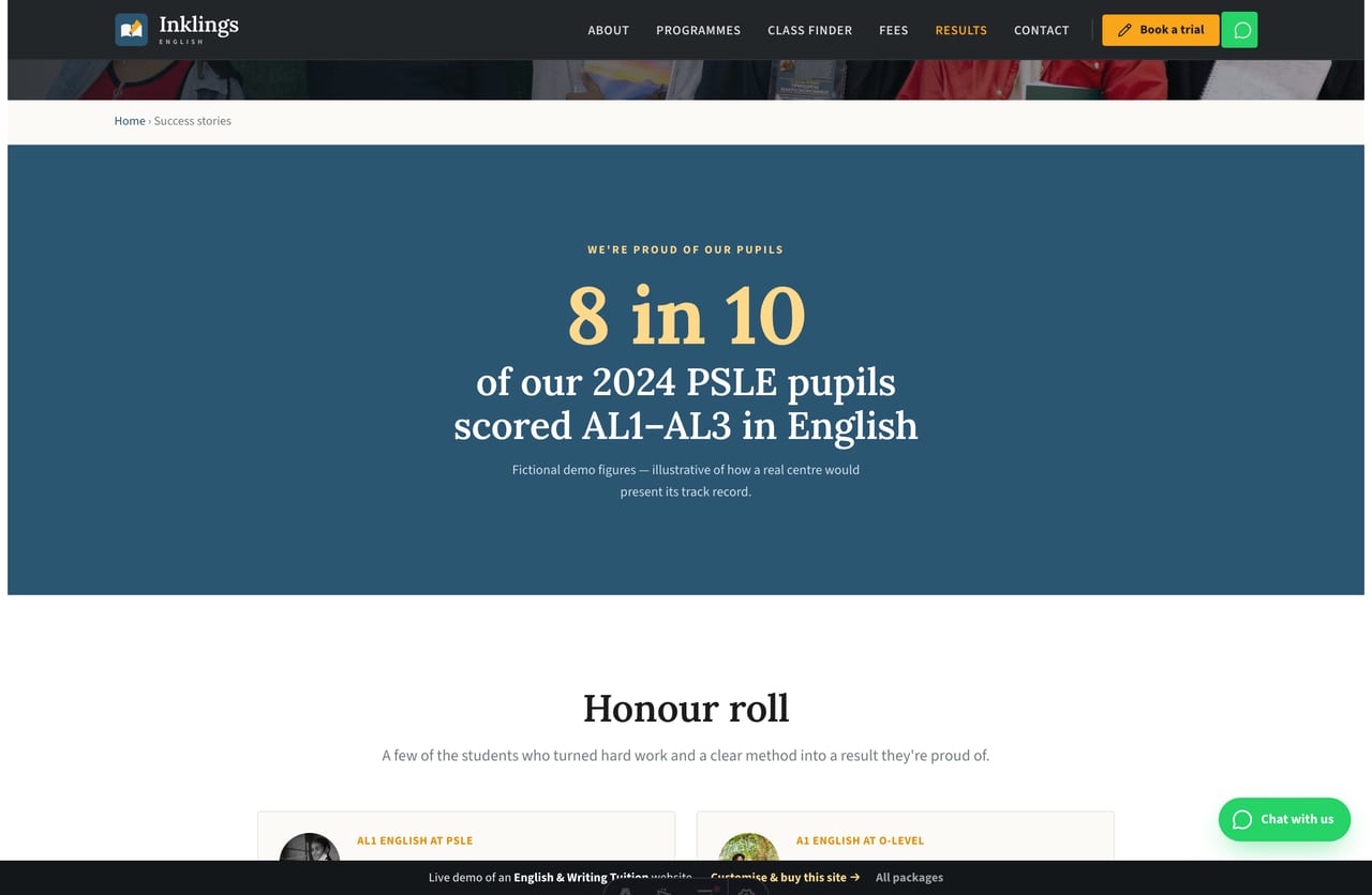 Success stories page on the Inklings demo — an honour roll of student results and parent reviews across three Singapore centres