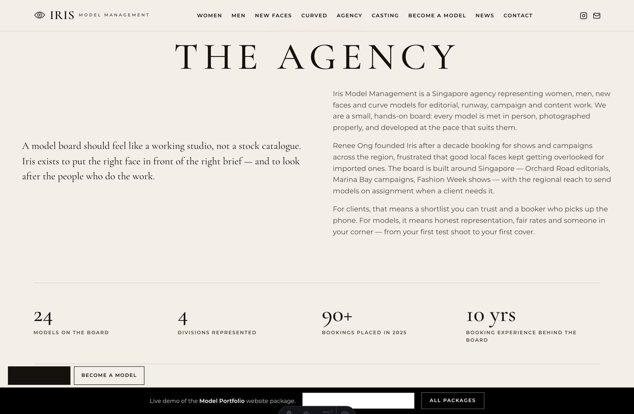 Agency / about page on the Iris model-management portfolio website