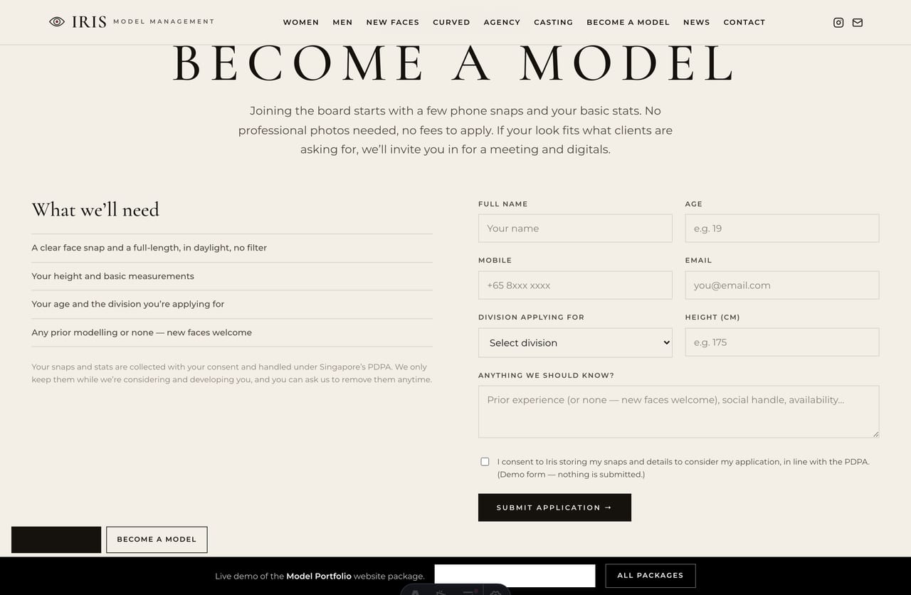 Become a model application page with PDPA-aware form on a Singapore agency site