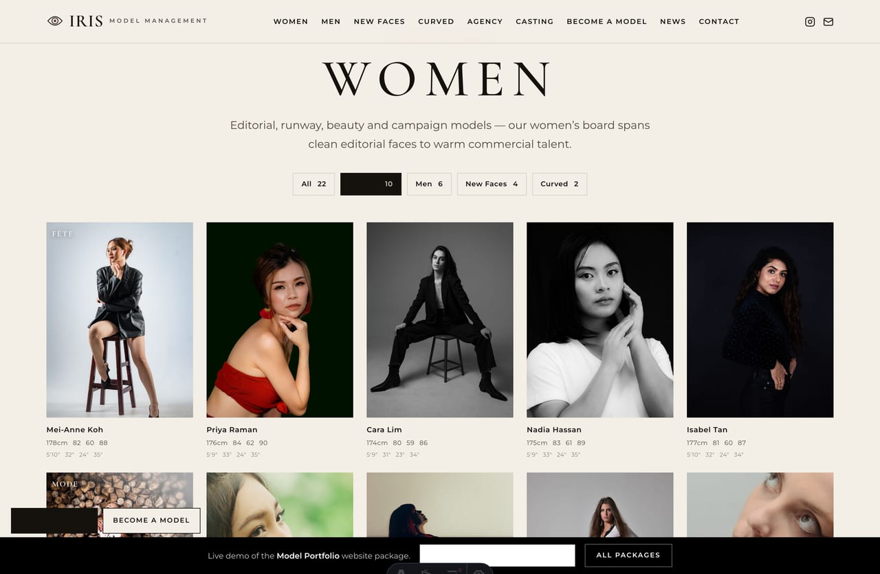 Filterable model board grid by division on a Singapore modelling-agency website