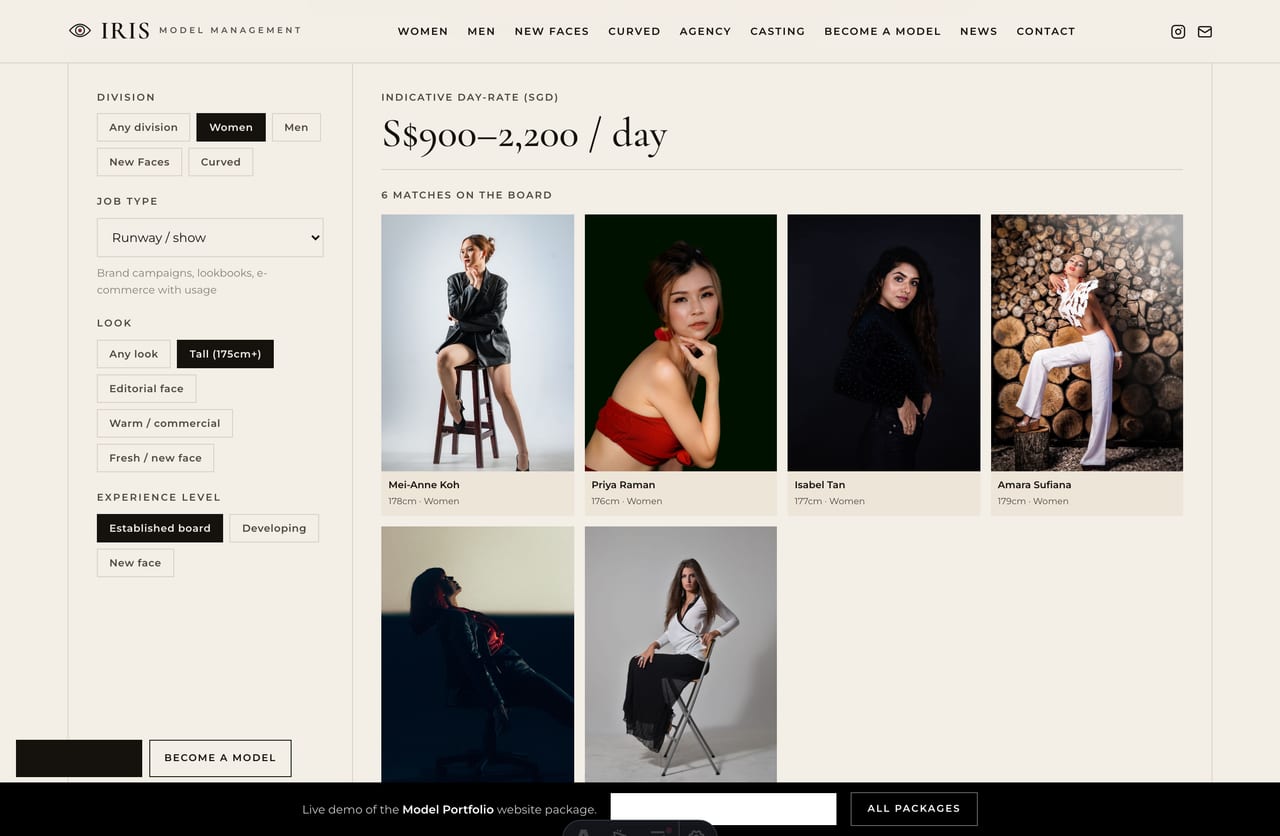 Live casting shortlist with indicative SGD day-rate band on a model-agency site
