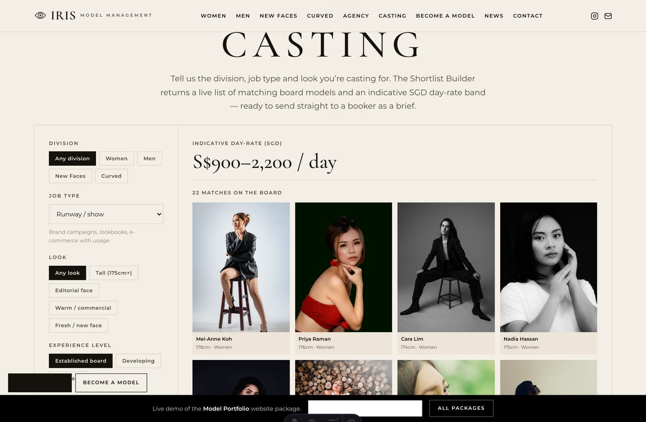 Casting Shortlist Builder on a Singapore model-agency website