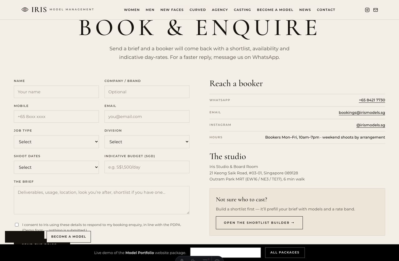 Contact and booking enquiry page on a Singapore model-agency website