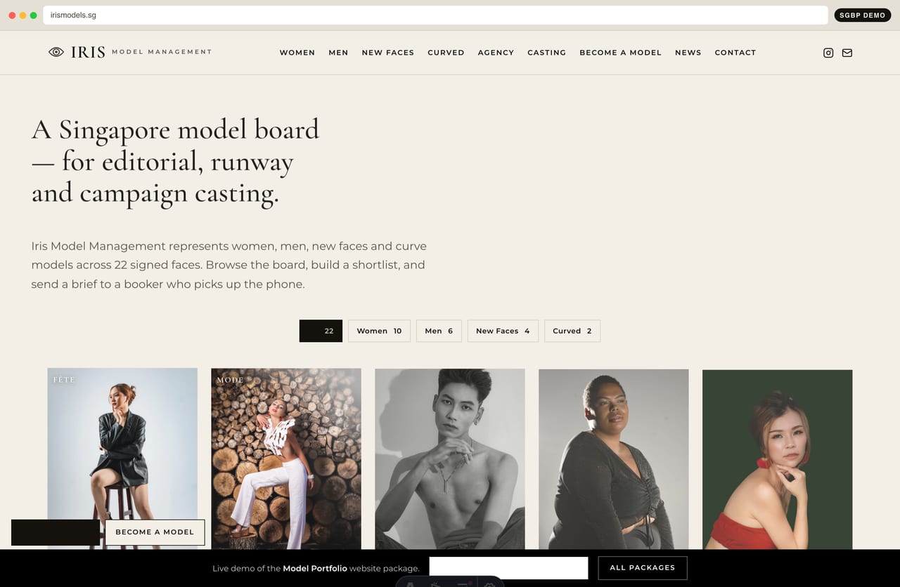 Iris Model Management board homepage demo — cream editorial fashion board grid of portrait cards with measurements (Singapore)