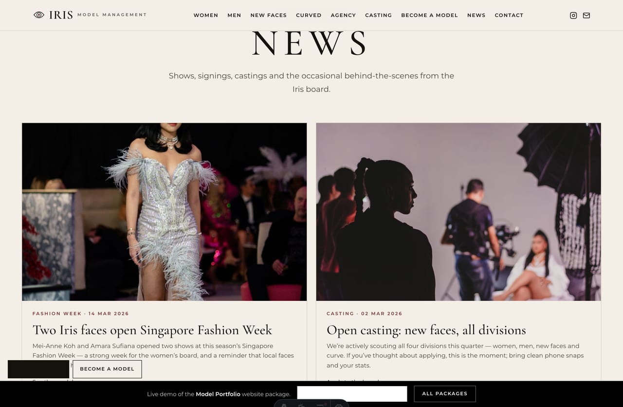 News / journal page on a Singapore modelling-agency website