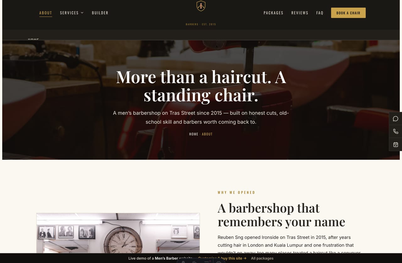 The About page for a Singapore barbershop — founder story, a stats band and why-us cards