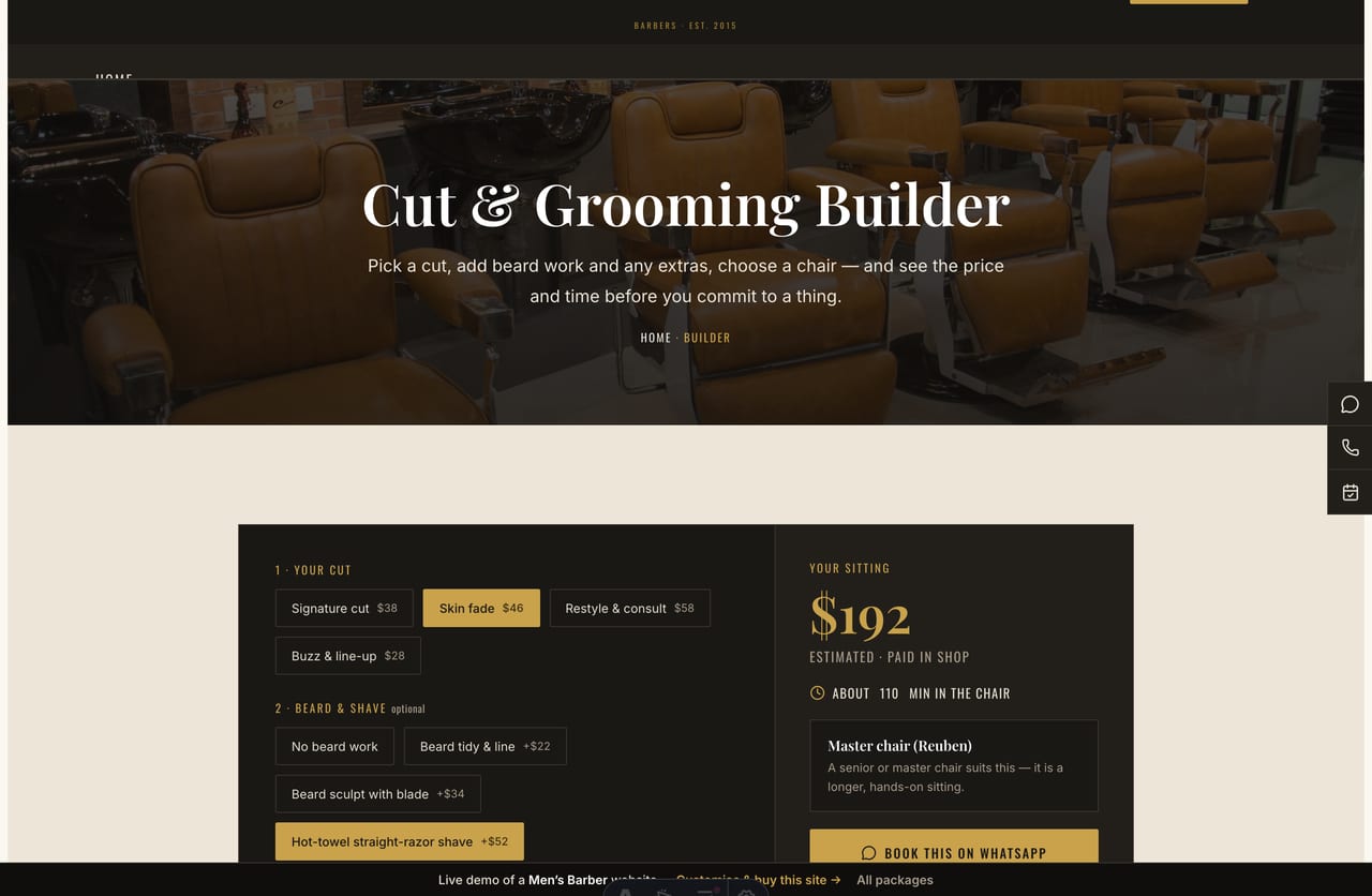 Cut & Grooming Builder result on a Singapore barber site — a total price, a time in the chair and a recommended barber tier with a book CTA