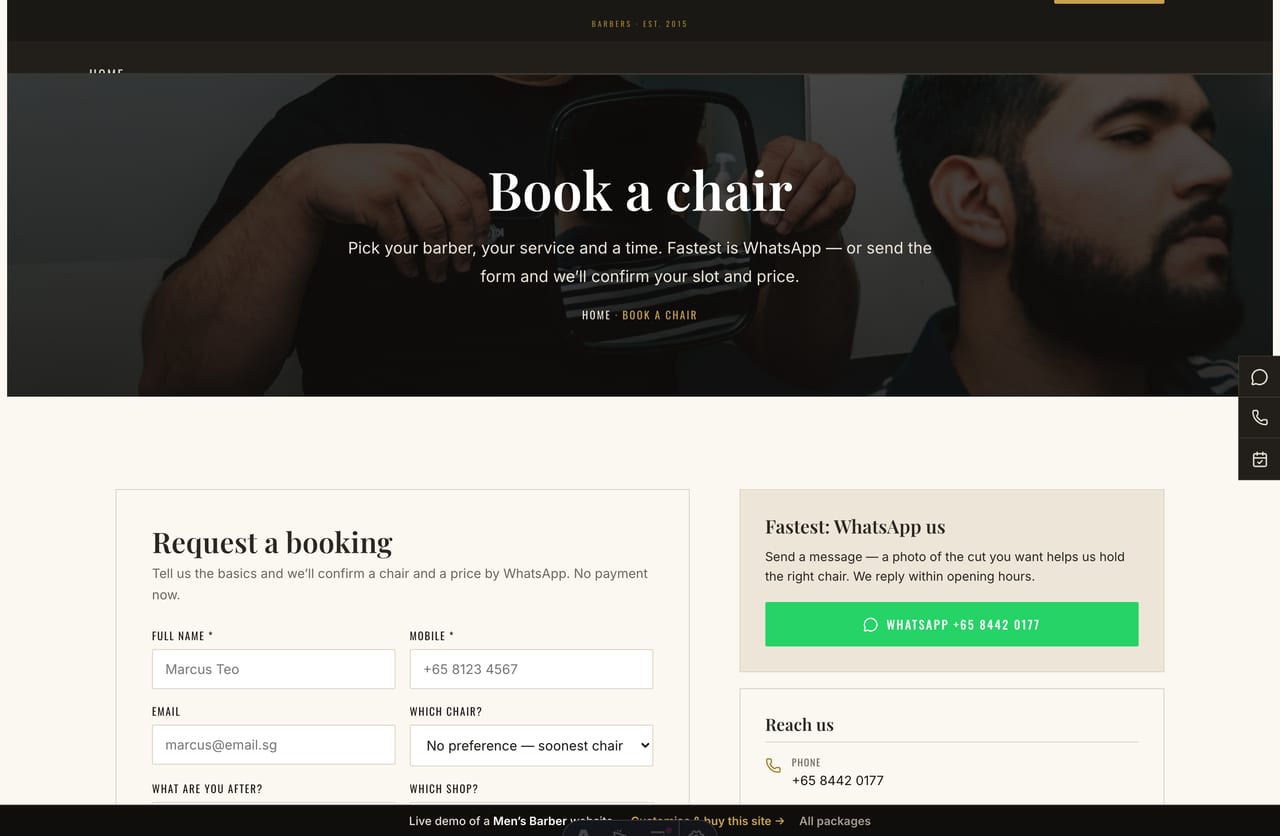 Book-a-chair page on the Ironside demo — a PDPA-aware booking form with barber, service and time