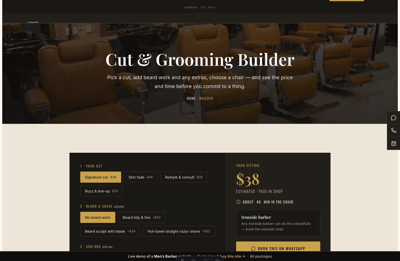 The interactive Cut & Grooming Builder on the Ironside demo — pick a cut, beard work and add-ons to see a live price and time