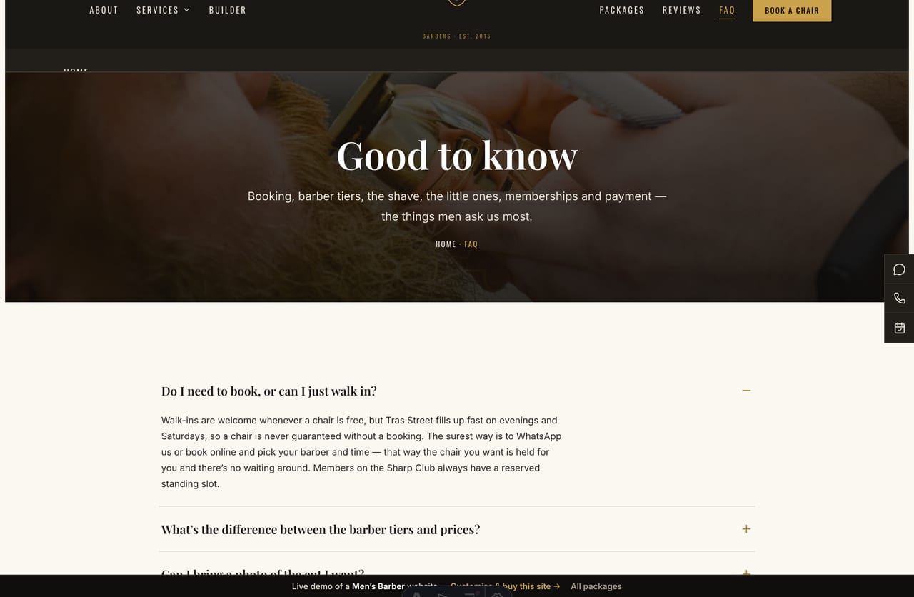 FAQ page on the Ironside demo — a serif question accordion on cream paper