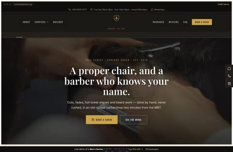 Ironside Barbers Singapore website homepage demo — a charcoal and amber barbershop site with a full-bleed dark hero, a service menu and a cut builder