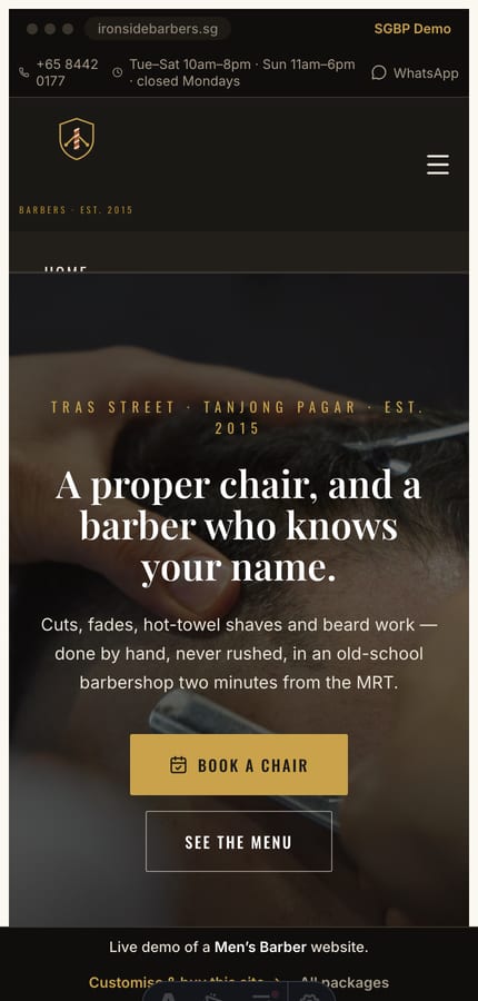 The Ironside barber website on mobile — the dark hero and book CTA at 430px