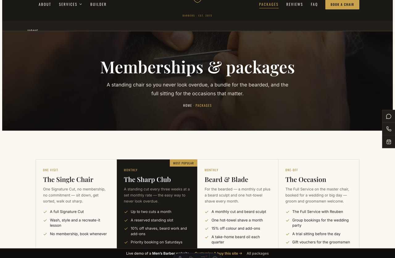Packages page on the Ironside demo — membership and grooming packages with a barber-tier explainer
