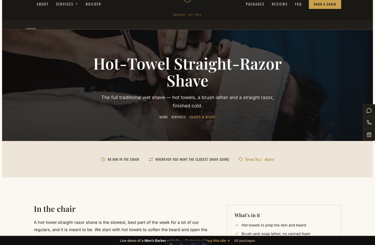 A service detail page on the Ironside demo — a dark photo banner and an in-the-chair article with an includes sidebar