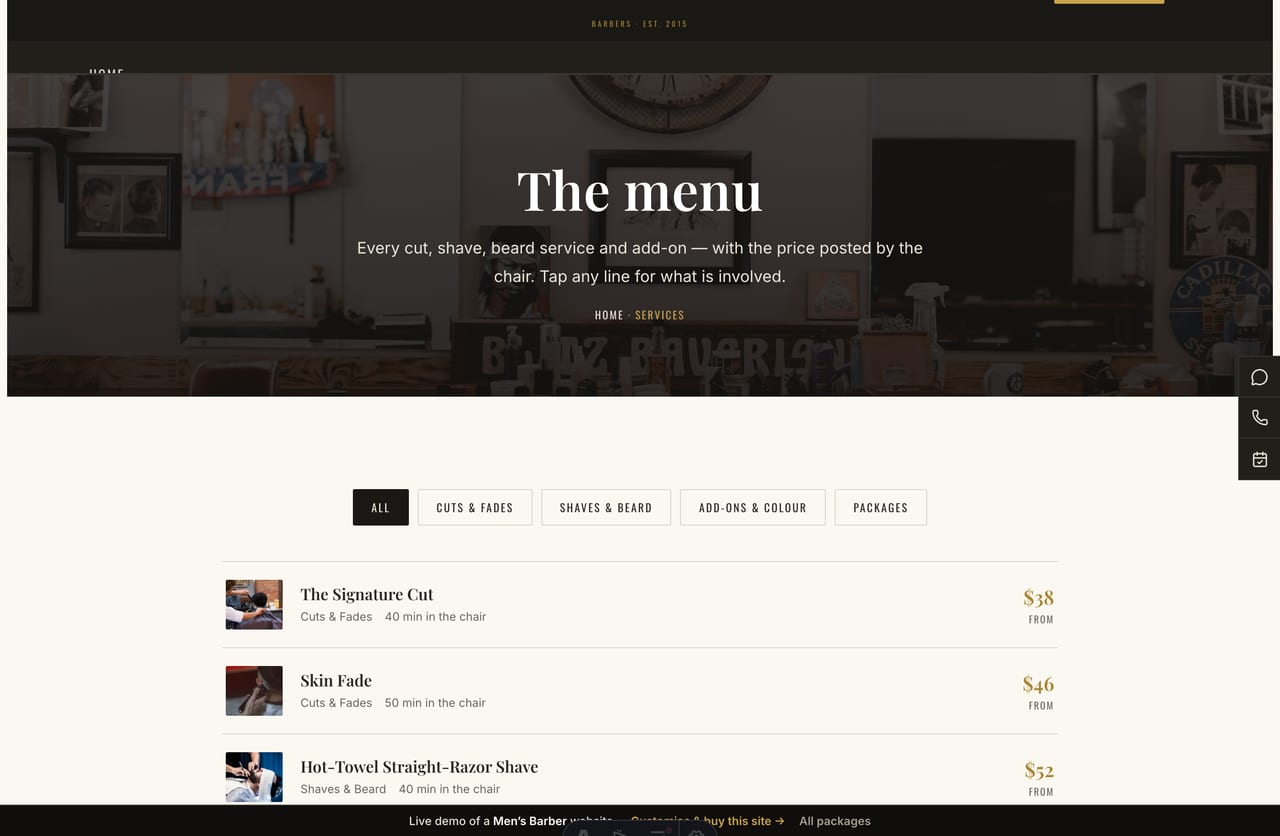 Services page on the Ironside demo — a filter-chip menu table of cuts, fades, shaves and beard work with posted prices