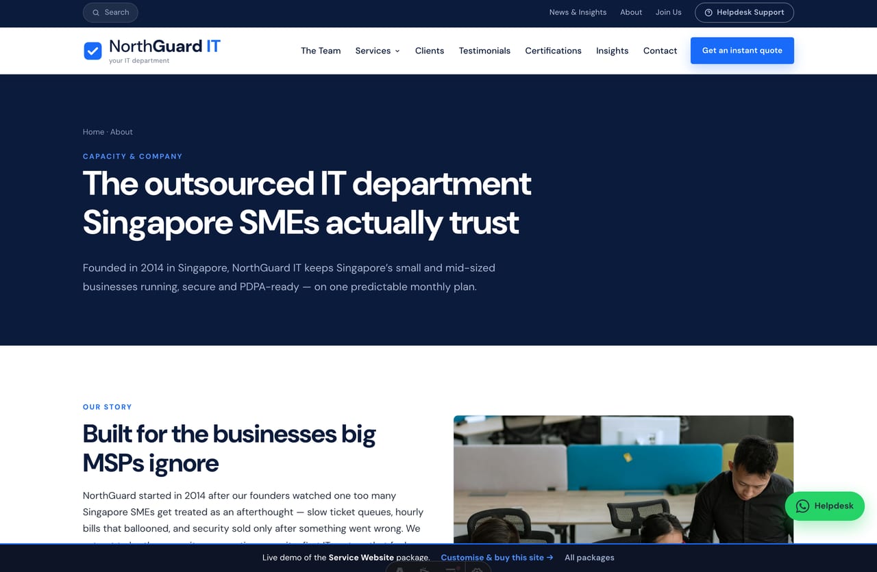 About page for a Singapore managed IT services provider with team imagery and company stats