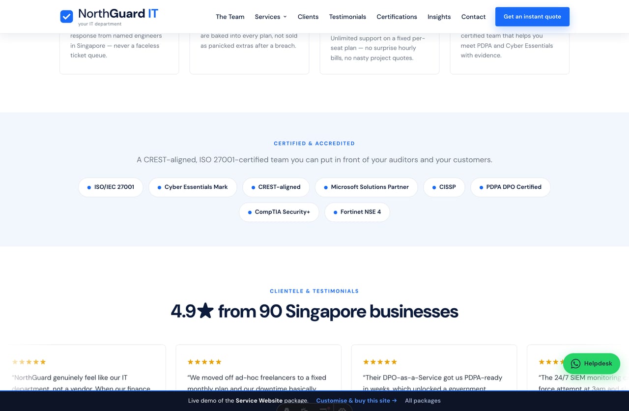 Certifications and accreditations strip on an IT services provider website — ISO 27001, Cyber Essentials, CREST