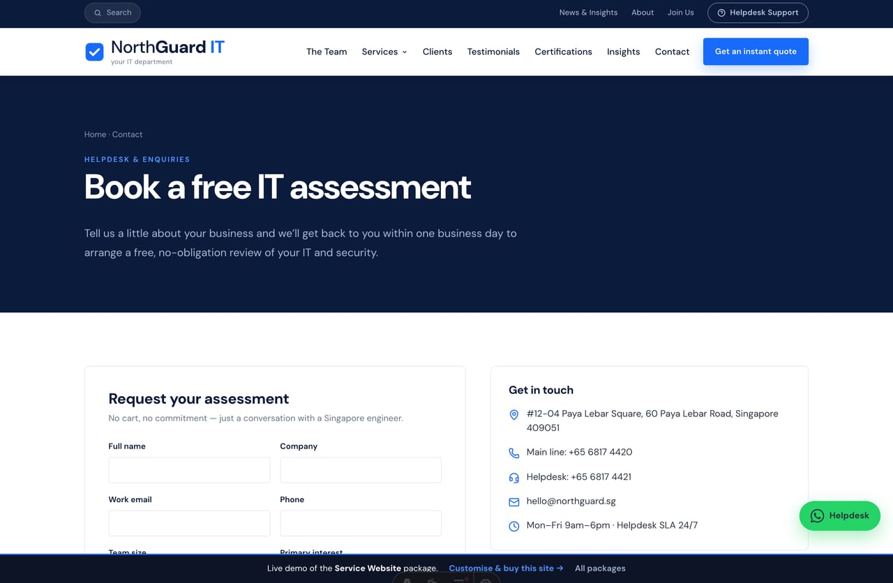 Contact and free IT assessment lead form on the NorthGuard MSP website demo